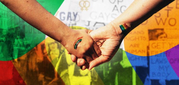 The graphic shows two people holding hands against a Pride and Irish flag coloured backdrop.