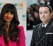 Jameela Jamil (L) denies feud with Bella Ramsey (R) over gender neutral awards comments.
