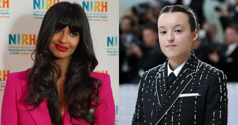 Jameela Jamil (L) denies feud with Bella Ramsey (R) over gender neutral awards comments.
