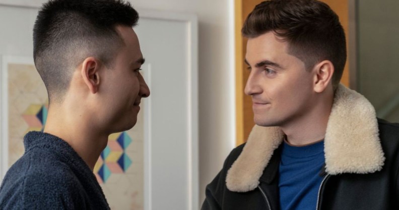 Ted Lasso's fictional gay AFC Richmond football player Colin Hughes (Billy Harris, right) and partner Michael (Sam Liu)(Apple TV+)