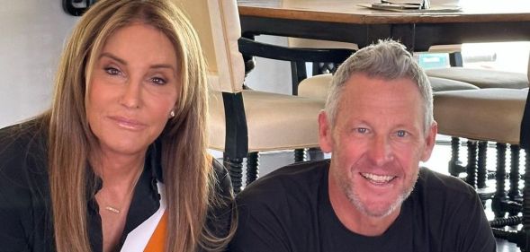 Caitlyn Jenner (left) and Lance Armstrong (right) sit next to each other as they prepare to launch a podcast on trans inclusion in sport