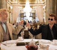 Michael Sheen as Aziraphale (L) and David Tennant and Crowley (R) in Good Omens.