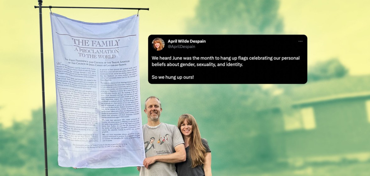 A Mormon family stood in front of their house flying a ridiculous 'family values flag' to protest Pride Month