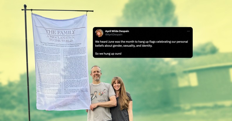 A Mormon family stood in front of their house flying a ridiculous 'family values flag' to protest Pride Month
