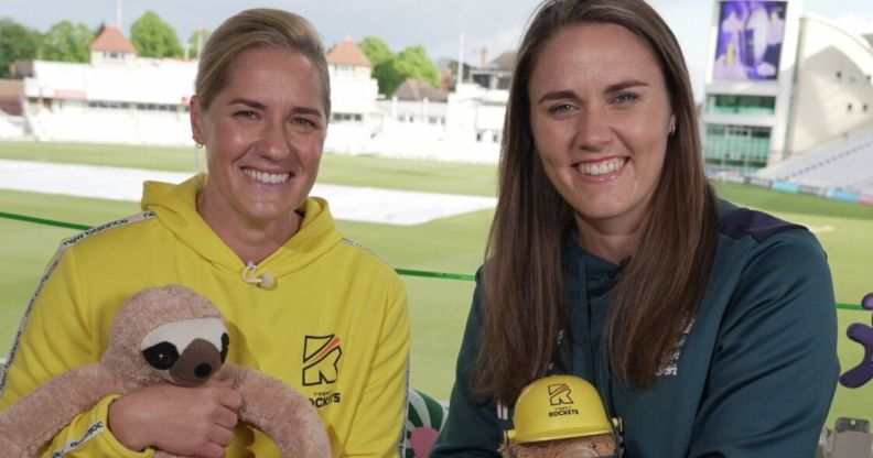 Nat and Katherine Sciver-Brunt pictured in a Cricket stadium holding plush bears.