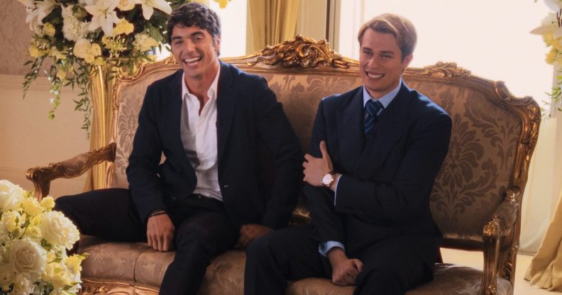 Our first look at Taylor Zakhar Perez Alex (L) and Nicholas Galitzine as Henry (R) in Red, White & Royal Blue.