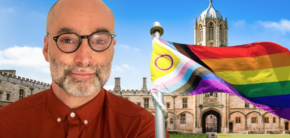 Collage showing Matt Cook, a white man with a grey beard and round glasses, a grand Oxford uni building and the Pride flag