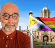 Collage showing Matt Cook, a white man with a grey beard and round glasses, a grand Oxford uni building and the Pride flag