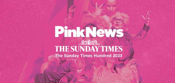 This is an image with text that says PinkNews and the Sunday Times along with Hundred for 2023.