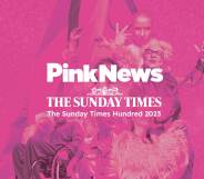This is an image with text that says PinkNews and the Sunday Times along with Hundred for 2023.