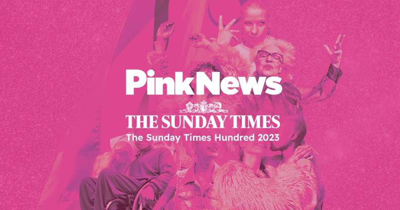 This is an image with text that says PinkNews and the Sunday Times along with Hundred for 2023.