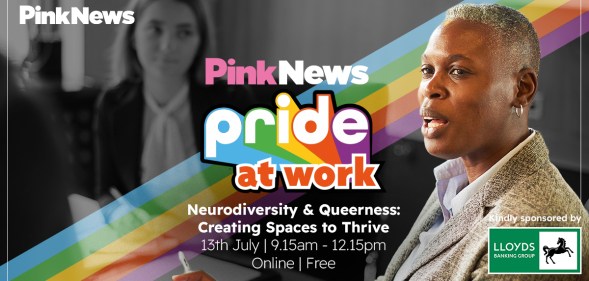 This is an image promoting the Pride at Work webinar series. There is a Black female presenting person on the right side of the image. On the left side there is an image of a white women in black and white. Event information is in the center of the image.