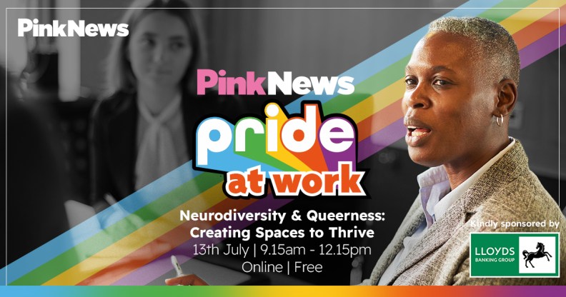 This is an image promoting the Pride at Work webinar series. There is a Black female presenting person on the right side of the image. On the left side there is an image of a white women in black and white. Event information is in the center of the image.