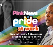 This is an image promoting the Pride at Work webinar series. There is a Black female presenting person on the right side of the image. On the left side there is an image of a white women in black and white. Event information is in the center of the image.