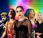 Collage of musicians: George Michael, Freddie Mercury, Lady Gaga, Lizzo, Kesha