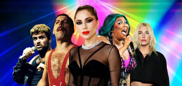 Collage of musicians: George Michael, Freddie Mercury, Lady Gaga, Lizzo, Kesha
