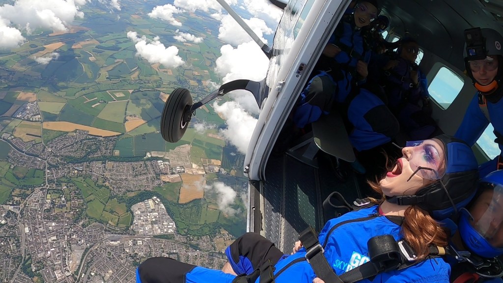 Rosie Zinfandel as she prepares to jump out of a plane. 