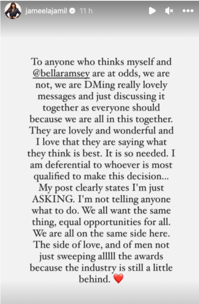 Jameela Jamil responds to feud rumours with Bella Ramsey.