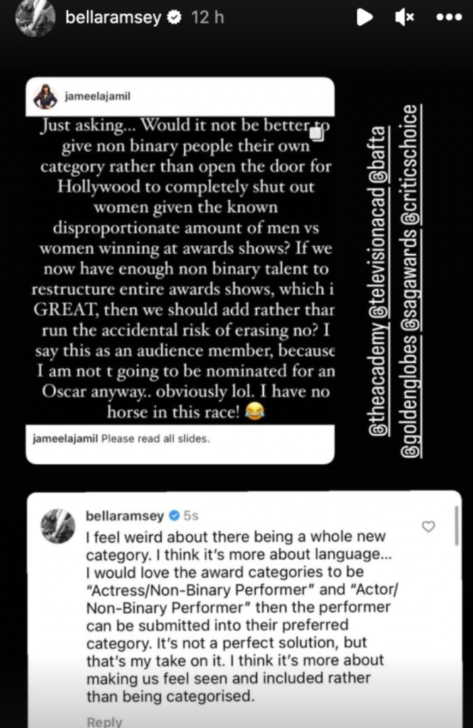 Bella Ramsey responds to Jameela Jamil's post