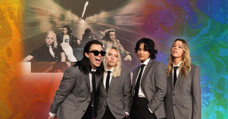 An image of band The Aces wearing grey suit blazers, black trouser and black ties, while standing against a colourful background and the cover of their third album I've Loved You For So Long.
