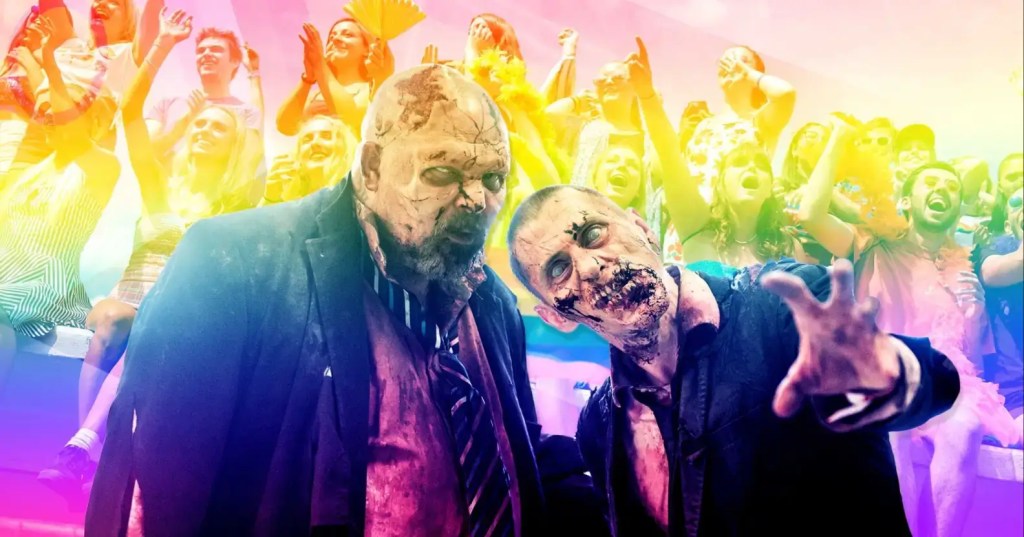 Zombies from The Walking Dead against a rainbow background.
