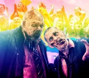 Zombies from The Walking Dead against a rainbow background.