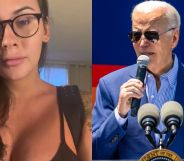A split image of Rose Montaya in a response clip, next to president Joe Biden at the White House Pride month event.