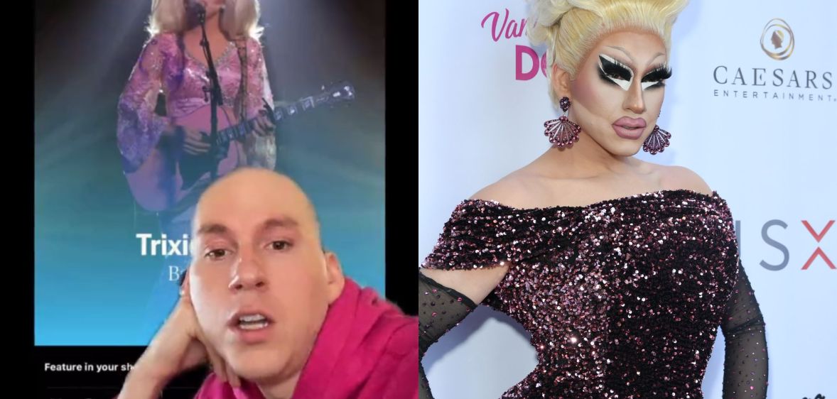 A split image of Trixie Mattel posing in drag and her, out of drag, chroma keyed into an image of an Instagram post dedicated to her.