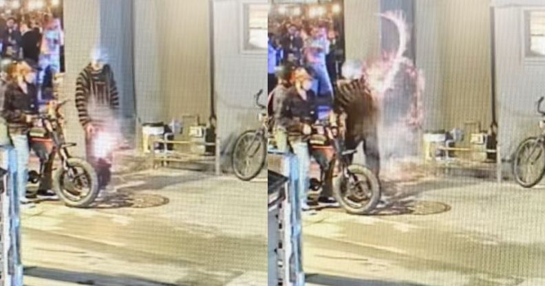 Man is seen throwing a firework into a crowd during a Pride celebration in California
