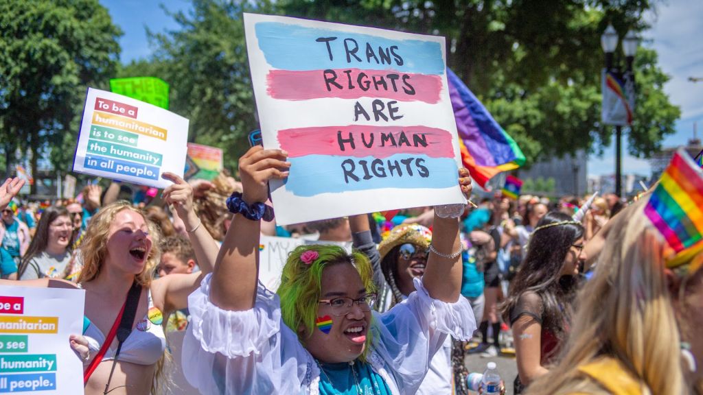 A person holds up a sign reading "trans rights are human rights" at a Pride parade in Portland, Oregon in 2019