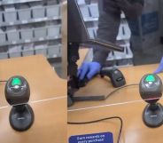A split image of a pharmacy counter, with the right image featuring the torso of a pharmacist.