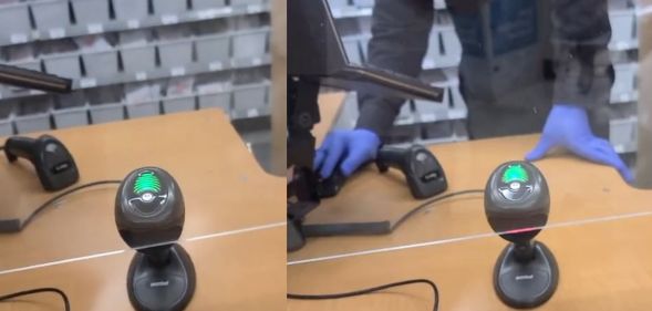 A split image of a pharmacy counter, with the right image featuring the torso of a pharmacist.