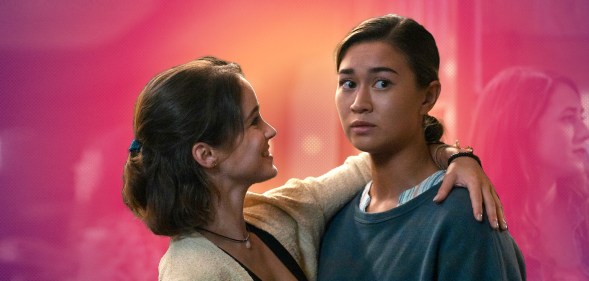 Warrior Nun's Ava Silva (Alba Baptista) and Sister Beatrice (Kristina Tonteri-Young) against a pink background