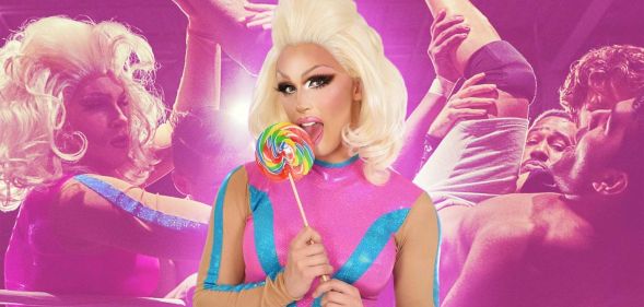 A graphic of drag wrestler Alice Starr wearing a pink and blue outfit as they lick a lollipop with an image of them wrestling in the background