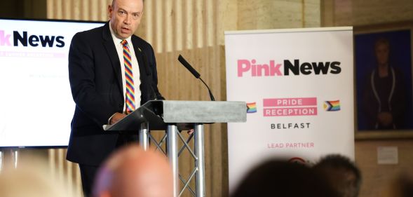 Northern Ireland secretary Chris Heaton-Harris speaking at the PinkNews reception in Stormont.