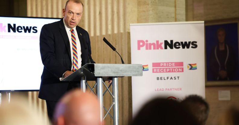 Northern Ireland secretary Chris Heaton-Harris speaking at the PinkNews reception in Stormont.