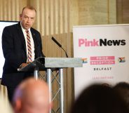 Northern Ireland secretary Chris Heaton-Harris speaking at the PinkNews reception in Stormont.