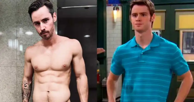 On the left: A picture of Dan Benson shirtless from his OnlyFans. On the right: The actor as Zeke Beakerman in Disney series Wizards of Waverly Place
