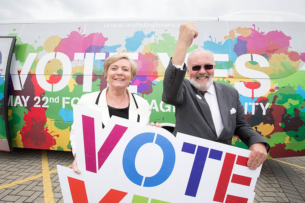 Former minister for justice and equality Frances Fitzgerald and Senator David Norris advocating for a Yes vote in Ireland's marriage equality referendum. 