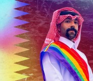 A graphic composed of a photo of Qatari activist Dr Nasser Mohamed wearing a rainbow LGBTQ+ sash with colourful designs in the background