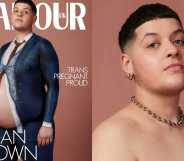Logan Brown, a pregnant trans man, wearing a body paint suit on the cover of Glamour. The magazine title is behind his head and the cover says 'trans pregnant and proud'.