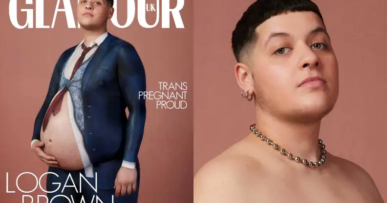 Logan Brown, a pregnant trans man, wearing a body paint suit on the cover of Glamour. The magazine title is behind his head and the cover says 'trans pregnant and proud'.