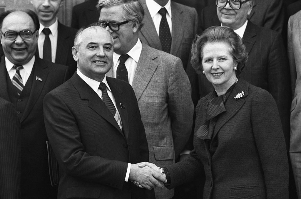 Mikhail Gorbachev shakes hands with Margaret Thatcher