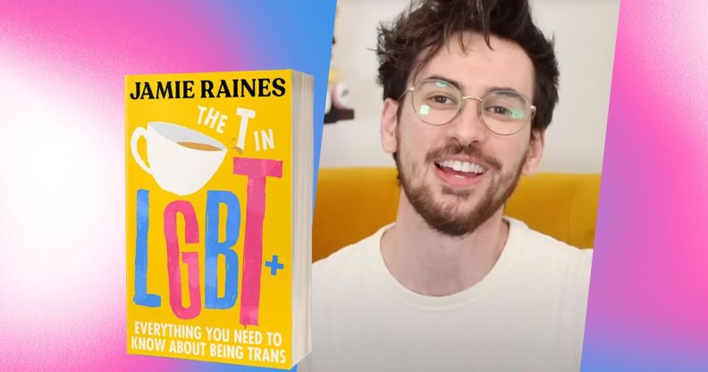 A graphic composed of the yellow book cover of Jamie Raines' book 'The T in LGBT' with a still of Jamie (a trans man with brown hair and a beard) from his YouTube channel with the blue and pink colours of the trans flag in the background
