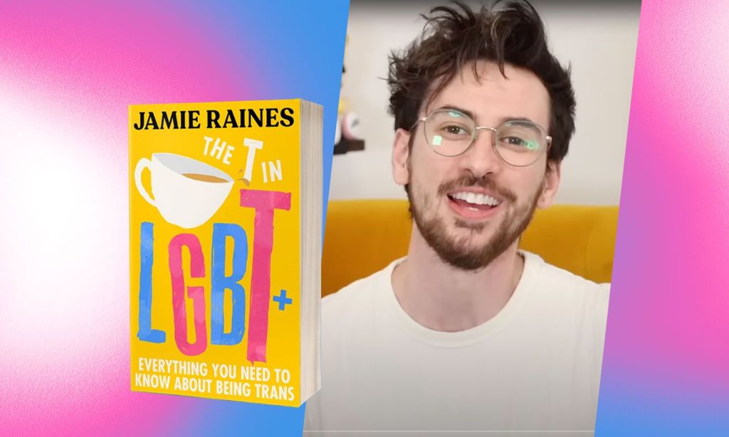 A graphic composed of the yellow book cover of Jamie Raines' book 'The T in LGBT' with a still of Jamie (a trans man with brown hair and a beard) from his YouTube channel with the blue and pink colours of the trans flag in the background