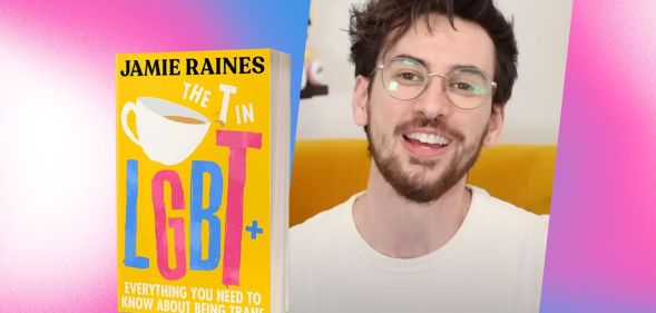 A graphic composed of the yellow book cover of Jamie Raines' book 'The T in LGBT' with a still of Jamie (a trans man with brown hair and a beard) from his YouTube channel with the blue and pink colours of the trans flag in the background