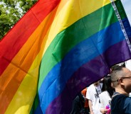 A person holds up a rainbow LGBTQ+ pride flag during a march in Tokyo, Japan