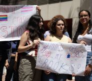 Students gather in support of LGBTQ+ inclusive education and trans-inclusive policies in schools in the US