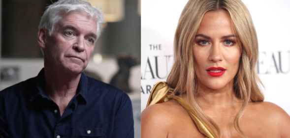 Side by side images of Phillip Schofield wearing a dark shirt and late Love Island star Caroline Flack wearing a gold top