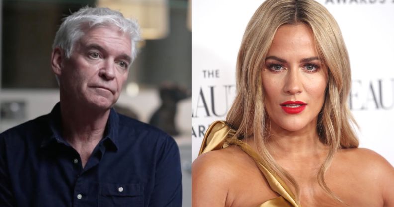 Side by side images of Phillip Schofield wearing a dark shirt and late Love Island star Caroline Flack wearing a gold top